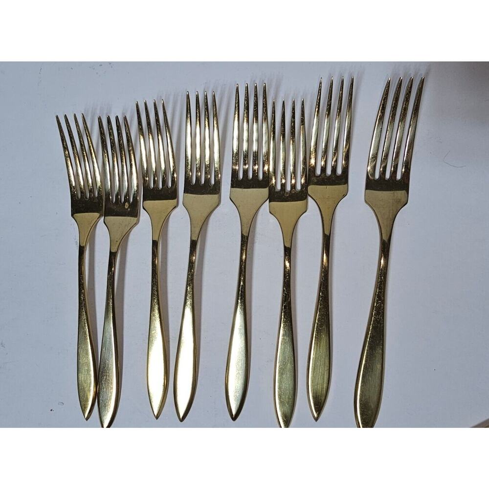 8 Vintage Dirigold Dirilyte Goldware Flatware Silverware 7.5” Dinner Forks